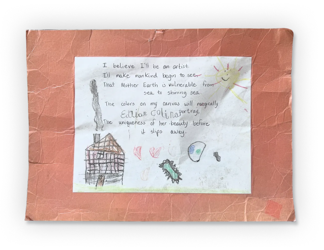 Goals, 1989 — a childhood poem in crayon, laminated